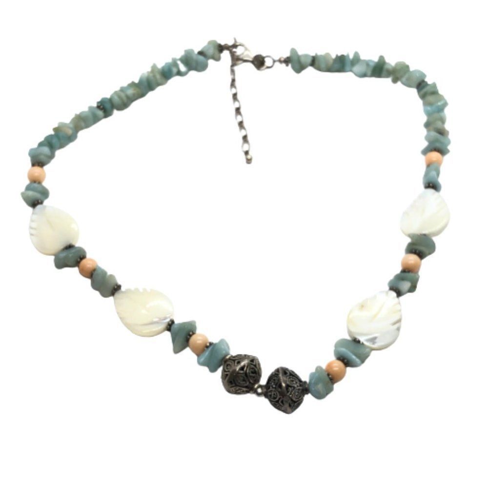 Unique Vintage SK 925 Sterling Silver Gemstone & Carved MOP Necklace